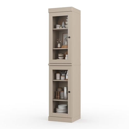 Solid Wood Kitchen Pantry Cabinet w/Glass Doors - Narrow Storage Cabinet - 16.5" Wide x 71.5" Tall - Beige, Adjustable Shelves, 100% Eco-Friendly Wood, Modular Cabinets - color: Beige, style: Clear Glass Doors