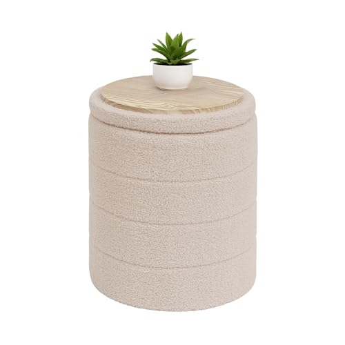 B FSOBEIIALEO Folding Storage Ottoman, Round Sherpa Ottomans, Beige | 14.6" Foldable Ottoman With Tray, Boucle Foot Stool, Small Storage Coffee Table for Living Room, Bedroom, Hallway - color: Beige, size: 14.6"D x 14.6"W x 17.7"H