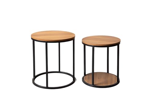 Penau Contemporary Nesting Side Tables, Metal Frame with Natural Solid Wood Tops, Space Saving Stackable Design, Set of 2, 15.5 x 15.5 x 17.5 Inchs, Black and Natural