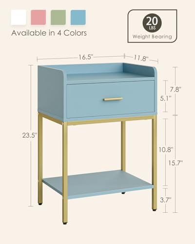 Masupu Nightstand,Bedside Table 3-Tier Modern Night Stand with Storage Drawer and Shelf,Small End Side Table for Bedroom,Living Room,Black (Without Outlet, Blue) - color: Blue