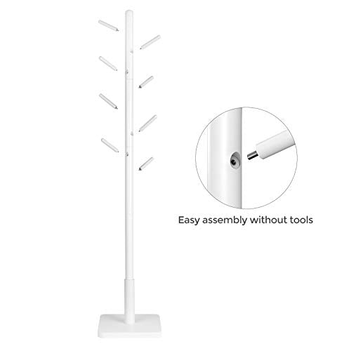 VASAGLE Solid Wood Coat Rack, Free Standing Hall Coat Tree with 8 Hooks, 3 Height Options, for Coats, Hats, Bags, Purses, for Entryway, Hallway, Rubberwood Hooks and Pole, Cloud White URCR010W02 - color: Cloud White, style: Square Base + Cylindrical Hooks