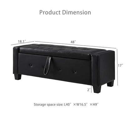 Storage Bench, 48‘’ Upholstered PU Leather Ottoman Bench with Button-Tufted, Folding Bedroom Bench with Wood Legs, Entryway Bench for Bedroom, Black - color: Black