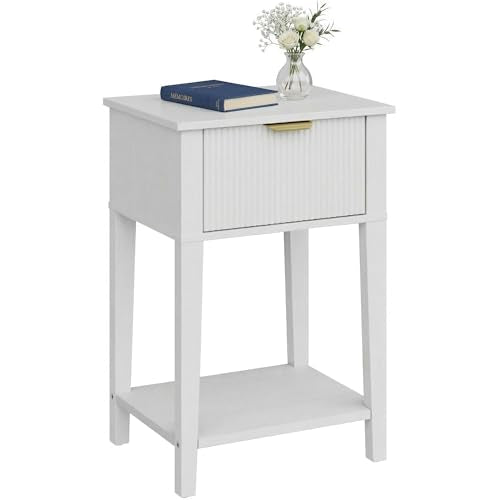 FuniXpress Small Nightstand, 15" Wide, Drawer and Shelf, White Fluted Front | Bright white tone, clean fluted front, 11.8-inch slim depth, smart storage, keeps small rooms light and organized - color: White