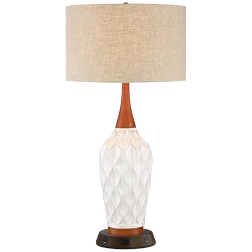 Rocco 30" Large Table Lamp White Ceramic USB Workstation Base Oak Wood | Mid Century Modern Charging Ports and AC Power Outlet Living Room Bedroom House Bedside Nightstand Office Home Tan Drum Shade - color: White Ceramic with USB Workstation Base