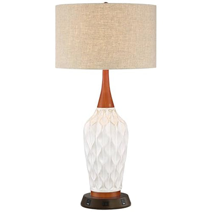 Rocco 30" Large Table Lamp White Ceramic USB Workstation Base Oak Wood | Mid Century Modern Charging Ports and AC Power Outlet Living Room Bedroom House Bedside Nightstand Office Home Tan Drum Shade - color: White Ceramic with USB Workstation Base