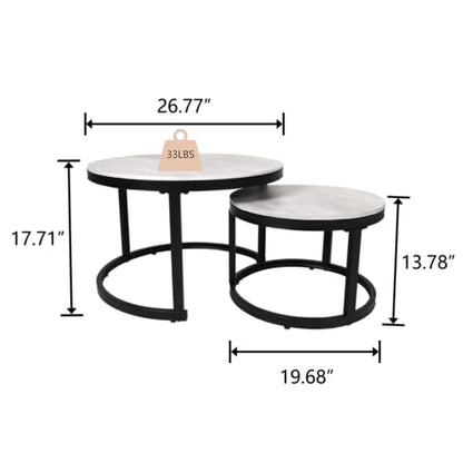 Nesting Coffee Table Set of 2, Round Stacking Coffee Tables with Nesting Coffee Table Set of 2, Round Stacking Coffee Tables with Resin Top & Metal Frame - color: Media Size + Black Frame