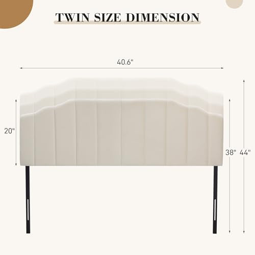 Upholstered Headboard Adjustable Height Queen/King Headboard Cream Velvet Tufted Modern Vertical Channel Design with Stepped Silhouette Top Edge(Beige Twin) - color: Beige, size: Twin