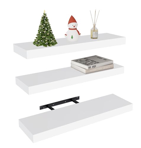 Vervida® White Rustic Floating Wall Shelves 24in Set of 3 Hidden | 3 White Floating Shelves 24in for Living Room, Rustic Wood Invisible Brackets, Home Decor Display Storage Deep Wall Shelves - color: White, size: 24x5.8