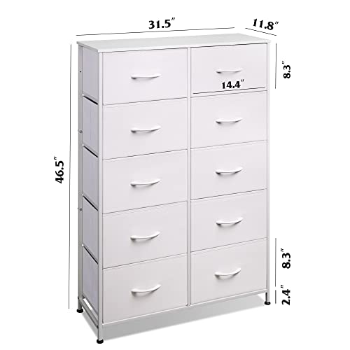 WLIVE Tall Dresser for Bedroom with 10 Fabric Drawers, White | 10 Drawers, Fabric Dresser for Closet, Storage Tower with Cabinet, Metal Frame - color: White