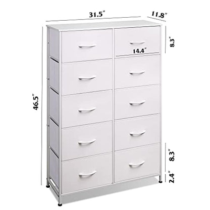 WLIVE Tall Dresser for Bedroom with 10 Fabric Drawers, White | 10 Drawers, Fabric Dresser for Closet, Storage Tower with Cabinet, Metal Frame - color: White