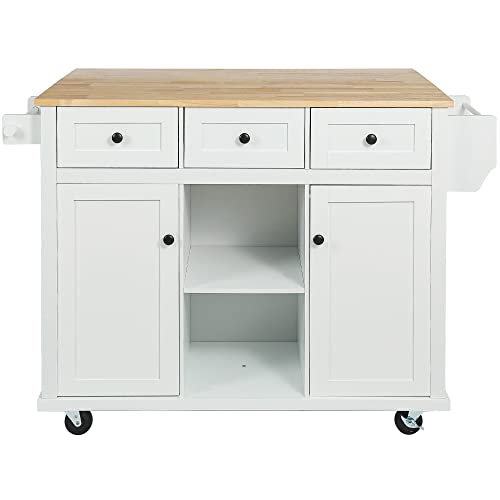 Kitchen Island, Rolling Kitchen Cart with Drop Leaf Top | Drop leaf countertop expands prep and serving space, folds down to save room in compact kitchens or dining areas - color: White + Mdf + Rubber Wood