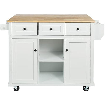 Kitchen Island, Rolling Kitchen Cart with Drop Leaf Top | Drop leaf countertop expands prep and serving space, folds down to save room in compact kitchens or dining areas - color: White + Mdf + Rubber Wood