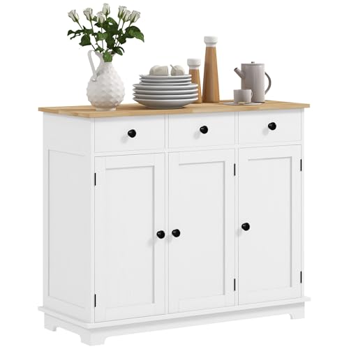 HOMCOM Sideboard Buffet Cabinet Solid Wood Countertop Distressed White | Modern Kitchen Storage, Coffee Bar Cabinet, 3 Drawers, Doors, Adjustable Shelf - color: Distressed White, size: 39.75" x 15.75" x 33.5"