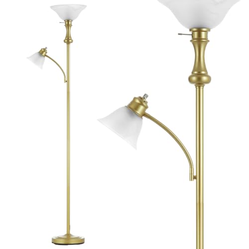 Torchiere Floor Lamp with Adjustable Angle Reading Lamp-Glod 71IN | Standing Lamp for Bedroom with Glass Shade, Tall Floor Lamp for Living Room Decor, Office, Corner, Knob Switch, Bulb Included - color: Gold