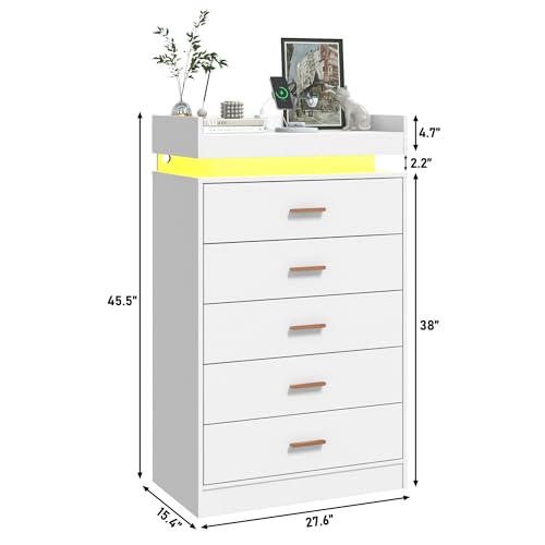 jiteentarou 5 Drawer Dresser with Charging Station and LED Lights, Modern Chest of Drawers with Power Outlet, Organizer Cabinet for Bedroom, Living Room, Entryway, White - color: White, size: 15.4"D x 27.6"W x 45.5"H (5 Drawers)