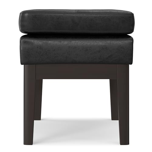 SIMPLIHOME Carlson 27" Wide Woven Fabric Rectangle Ottoman in Black | Mid-century modern ottoman with a padded seat for extra seating in the bedroom or living room; footstool, footrest. - color: Distressed Black, style: Small Ottoman Bench