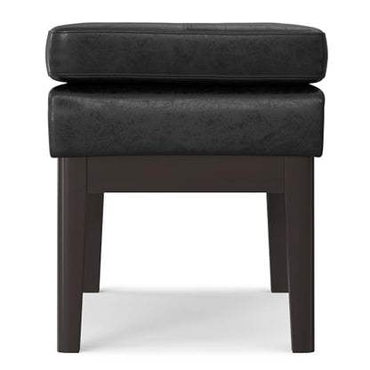 SIMPLIHOME Carlson 27" Wide Woven Fabric Rectangle Ottoman in Black | Mid-century modern ottoman with a padded seat for extra seating in the bedroom or living room; footstool, footrest. - color: Distressed Black, style: Small Ottoman Bench