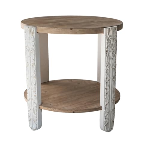 20" Round Side Table with Carved Leg, 2 Tier Storage Shelf | Farmhouse Solid Wood End Table for Living Room, Circle Coffee Table with Open Storage, Easy Assembly, Natural Brown Finish - color: A-20" Brown+white