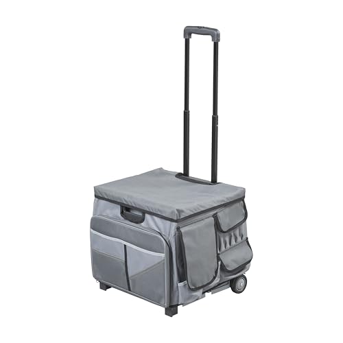 Folding Mobile Utility Cart, Canvas Organizer Bag, Dark Grey/Grey | Durable plastic, 30 compartments, adjustable handle, 40 lb capacity, collapses to 3" thick, rolling wheels for easy transport - color: Dark Grey/Grey
