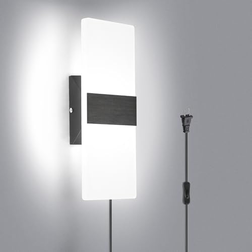 TRLIFE Modern Wall Sconce, Wall Sconce Plug in 12W LED 6000K Cool White Acrylic Wall Mounted Light Wall Lights with 6FT Plug in Cord and On/Off Switch on The Cord(1 Pack, Black) - color: Black-6000K Cool White, size: 1 Pack