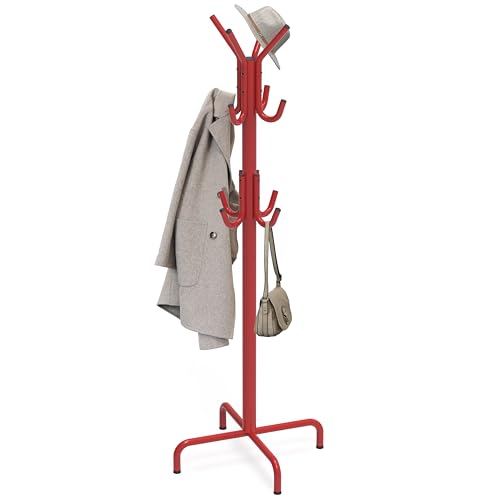 Simple Houseware Standing Coat/Hat Hanger Organizer Rack, 12 Hooks, Red | For Entryway, Bedroom, and Hallway - color: Red