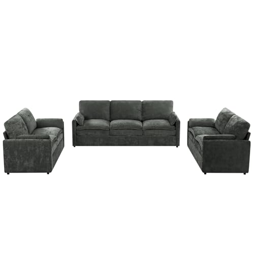 3 Pieces Chenille Sofa Set w/Two Arm Pillows, Grey | Upholstered 2 Pieces Loveseat & 3-Seater Sofa w/Soft Cushions, Modern 2-Seat & 3-Seat w/High-Density Foam for Living Room - color: Grey, size: 69" & 69" & 89" Sofa Set
