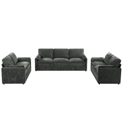 3 Pieces Chenille Sofa Set w/Two Arm Pillows, Grey | Upholstered 2 Pieces Loveseat & 3-Seater Sofa w/Soft Cushions, Modern 2-Seat & 3-Seat w/High-Density Foam for Living Room - color: Grey, size: 69" & 69" & 89" Sofa Set