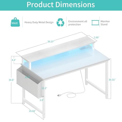 Lufeiya White Computer Desk with LED Lights and Power Outlets, 40 Inch Home Office Desks with Monitor Stand, Teen Writing Study Table Gaming Desk with Charging Station, White - color: White, size: 39.4"