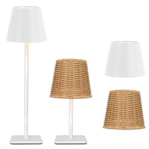 Mr. White Outdoor Waterproof Cordless Set of 2 Rechargeable Portable Top Touch Battery Operated Powered LED Table Lamp Desk Lamp Lights for Restaurant Kitchen Patio Dinner Dining (White 2 Pack) - color: (2 Pack)White+Wicker Lampshade
