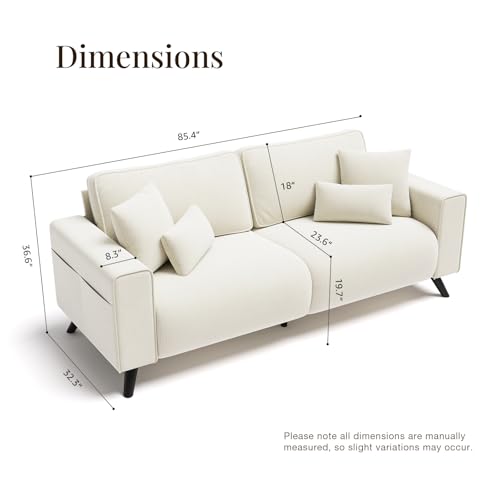 85" Loveseat Sofa, Chenille Couch with Deep Seat, Warm White | Clean-look modern couch with 4 pillows, hidden side pockets, easy assembly for living rooms, apartments, and offices - color: Warm White