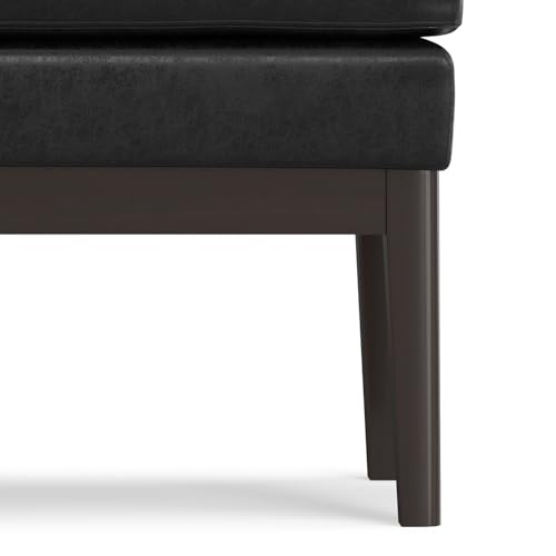 SIMPLIHOME Carlson 27" Wide Woven Fabric Rectangle Ottoman in Black | Mid-century modern ottoman with a padded seat for extra seating in the bedroom or living room; footstool, footrest. - color: Distressed Black, style: Small Ottoman Bench