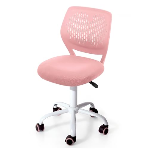 POWERSTONE Small Home Office Desk Chair, Swivel Rolling Study Computer Chair, Adjustable Height Task Chair with Armless Mid Back, Upholstered Mesh Seat, Pink - color: Pink