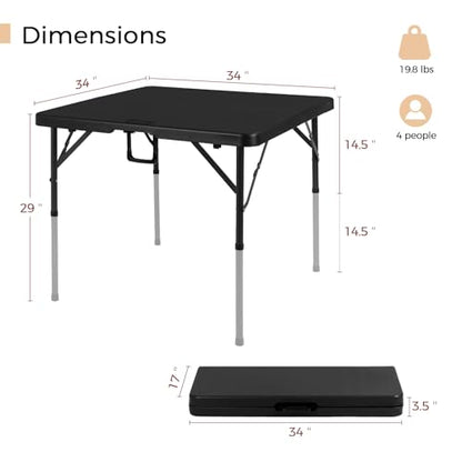 pollilar 34" Folding Card Table Square Portable with Detachable Legs Black | Foldable Table Plastic Dual Height Adjustable Heavy Duty Indoor Outdoor Dining Game Camping Picnic Mahjong Tables - color: Black