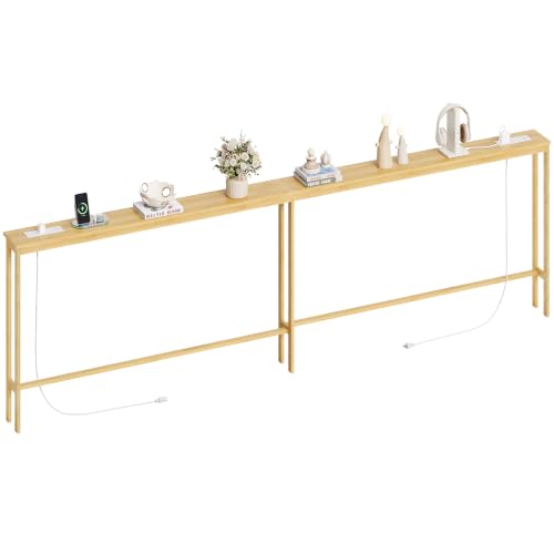 ELYKEN Bamboo 102.4'' Narrow Console Table, Long Sofa Table Behind Couch | Slim Entryway with Outlet, Skinny Hallway Table with Charging Station for Living Room, Foyer, Entrance, Natural - color: Natural, size: 5.9"D x 102.4"W x 31.5"H