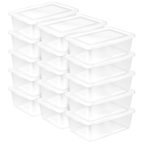 Sterilite Storage Box Stackable Tote, White, 12 Quart, 15 Pack | Clear Plastic Container with Secure Snapping Lids for Home and Office Organization - size: 12Qt, style: 15 Pack