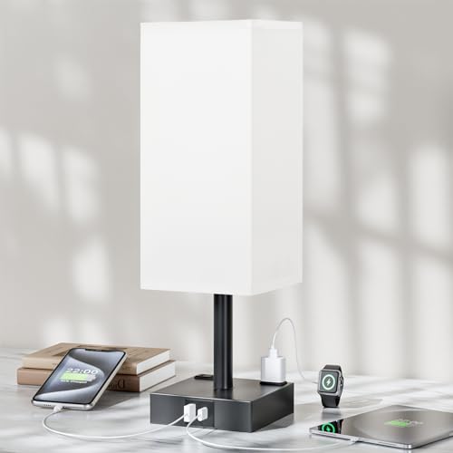 White Touch Table Lamp for Bedroom - Dimmable, USB C+A, 2 AC Outlets | 3-Way Dimming, 3000K Bulb Included, Square White Lampshade and Black Base, Desk Lamp for Nightstand, Living Room, Dorm - color: White & Black, size: 14.0in