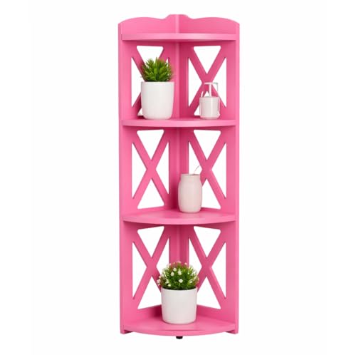 Pink Corner Shelf Stand, Corner Bookshelf, Small Corner Shelves by Natural Wood, Plant Stand, Corner Bookcase for Living Room, Home Office, Bedroom, (Pink, 4 Tier X) - color: Pink, size: 4 Tier X