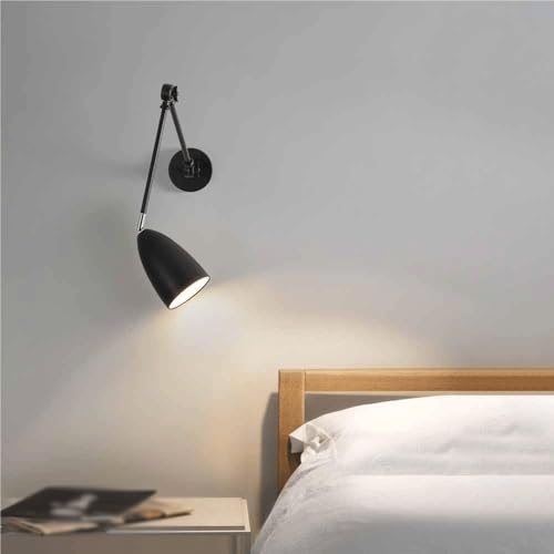 Modern Swing Arm Wall Sconce Adjustable Black Industrial Lamp Triple 180 Degree Rotating Joints Bedside Reading Light E26 Base Wrought Iron Finish for Study Bedroom Kitchen Island
