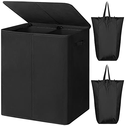 WOWLIVE 154L Double Laundry Hamper 2 Section with Lid and Removable Bags | Divided Laundry Basket, Large Dirty Clothes Hamper with Handle, Collapsible Laundry Storage for Dorm Room, College, Black - color: Black, size: 154l (24.8x 14.2 X 26.8 Inches)