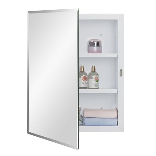 Plastic Medicine Mirror Cabinet for Bathroom 16 x 20 inch, Surface and Recessed Mount - color: White, size: 16x20 inch Beveled Edge Mirror