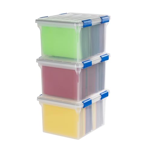 IRIS USA WeatherPro File Box Organizer, Letter/Legal, 32 Qt. 3-Pack, Clear | Store letter and legal documents safely with weather-resistant protection and space-saving stackable storage - style: WeatherPro (Blue) - 3 Pack