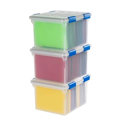 IRIS USA WeatherPro File Box Organizer, Letter/Legal, 32 Qt. 3-Pack, Clear | Store letter and legal documents safely with weather-resistant protection and space-saving stackable storage - style: WeatherPro (Blue) - 3 Pack