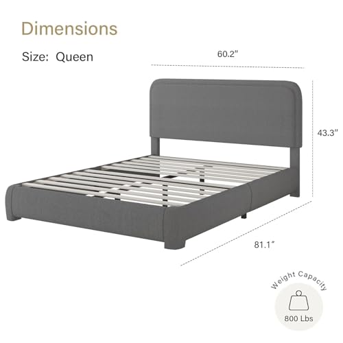 BarnFurin Queen Bed Frame, Cloud Boucle Headboard, Low Profile, Dark Grey | Soft boucle and rounded edges create a low-profile cloud look. Wooden slats support the mattress without a box spring - color: Dark Grey, size: Queen