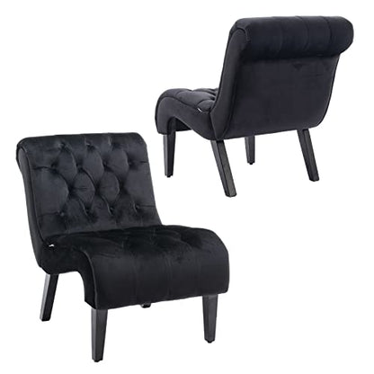 Comfy Velvet Accent Chair Set of 2, Tufted Armless Chair with Rolled Edge | Modern Small Lounger for Living Room, Upholstered Reading Chaise Lounge with Solid Rubber Wood Legs, Black - color: Deep Black, size: Set of 2