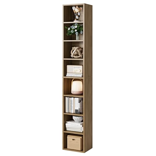 Bamjoy 71 Inches Tall Narrow Bookshelf, 8-Tier Slim CD DVD Media Shelf, Corner Bookcase with Adjustable Shelves, Cube Skinny Bookshelf for Home Office Small Space, Light Walnut - color: Light Walnut
