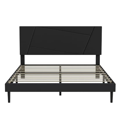 Queen Size Upholstered Bed Frame Frame with Headboard，Velvet Black | Geometric Head Board Platform Bed, Sturdy Wooden Slats, Noiseless No Box Spring Required, Easy to Assemble - color: Black, size: Queen