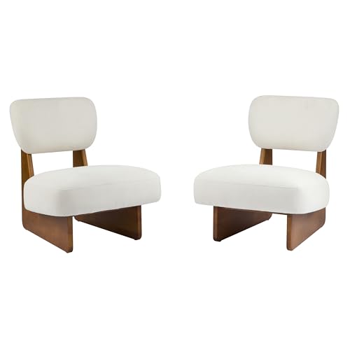 Christopher Knight Home Mores Low Profile Accent Chair Set of 2, Modern Living Room Armless Lounge Chair, Fabric Comfy Reading Chair for Bedroom, Wooden Frame and Thick Padded Seat, Beige + Natural - color: Beige + Natural