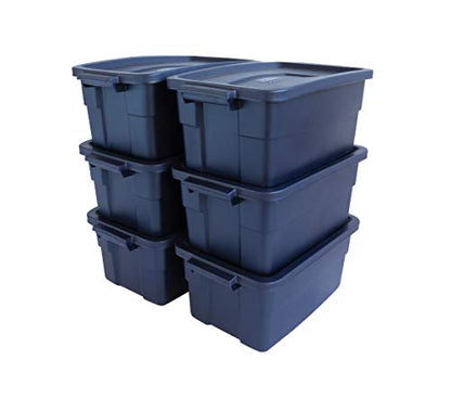 Rubbermaid Roughneck Tote 3 Gal, 6 Pack, Made in USA, Dark Indigo Metallic, Rugged Plastic Stackable Storage Bins with Lids and Handles - size: 3 Gal - 6 Pack