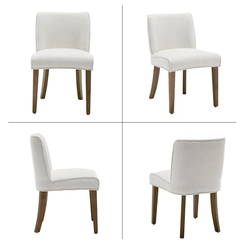 Mid-Century Dining Chairs Set of 6, Linen Fabric Solid White Kitchen Chairs with Walnut Wood Leg Cushioned Back Modern Rustic Side Chairs for Dining Room/Kitchen/Restaurant - color: Linen- White, size: 6 Chairs