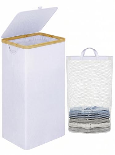 IEGrow Laundry Hamper with Lid,110L Laundry Basket with Mesh Bags,White | Dirty Clothes Hamper Basket with Bamboo Handle for Clothes Towels - color: White, size: 110L